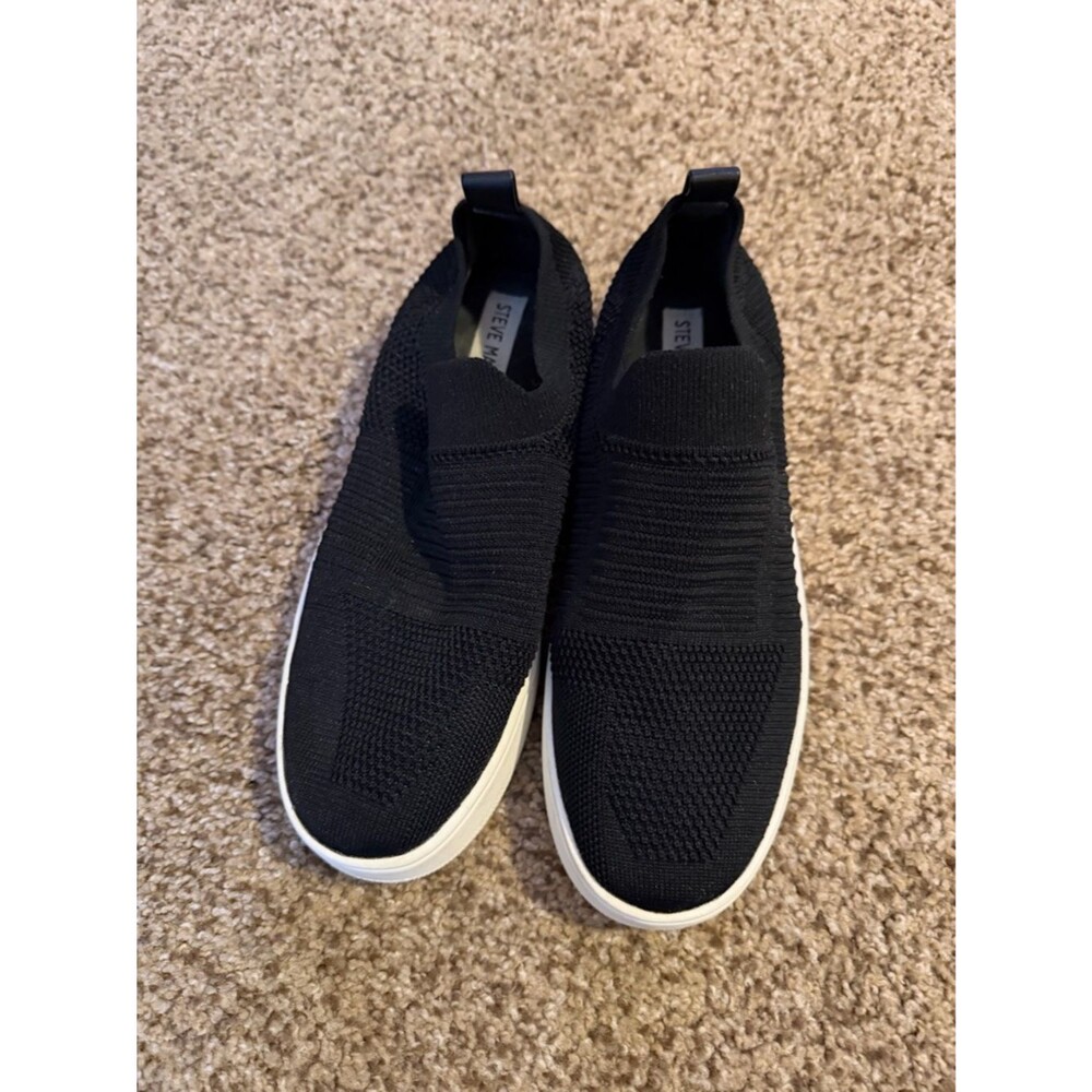 Steve Madden Beale Sz 8 Black Knit Fabric Slip On Low Top Platform Shoes EUC
